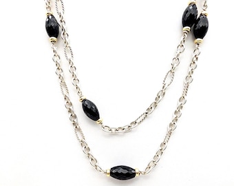 Long 18K Gold, Sterling Silver & Black Onyx Station Necklace Signed David Yurman