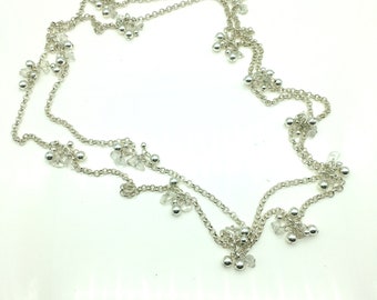 Vintage Extra Long Silver Tone Chain With Silver and Clear Dangling Beads - 56"