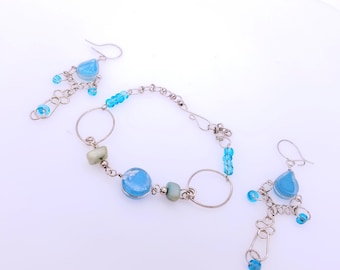 Vintage Blue Glass & Silvertone Earring and Bracelet Set