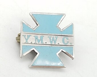 Rare Antique Y.M.W.C. Sterling Silver & Blue Enamel Maltese Cross Pin Signed Thade Sterling