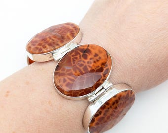 Sterling Silver & Faceted Fire Agate Link Bracelet - 7.5 - 9" Adjustable