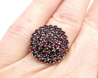 Antique 14k Gold & Rose Cut Bohemian Garnet Cluster Statement Ring - Size 9.25