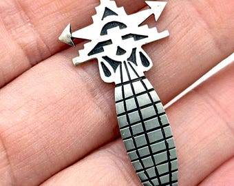 Native Made Aztec Design Sterling Silver Pendant Signed HNL - 2"