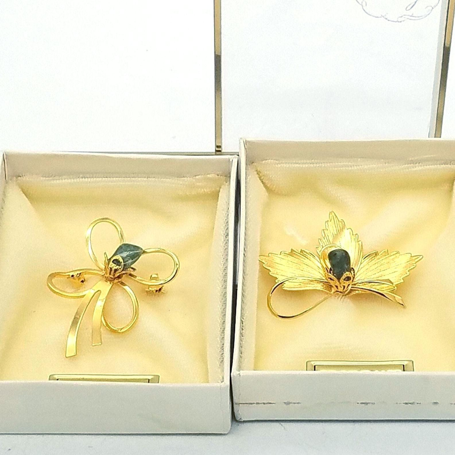 Jade & 14K Gold-Plated Leaf Brooches Prestige by Coro, Old Stock - Your Choice of Styles