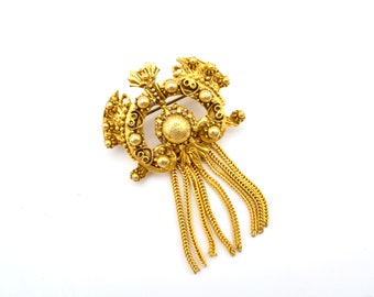 Gold Plated Art Nouveau Dangle Chain Brooch or Pendant