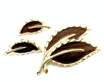 Vintage Sarah Coventry Gold & Brown Double Leaf Earrings and Brooch Set