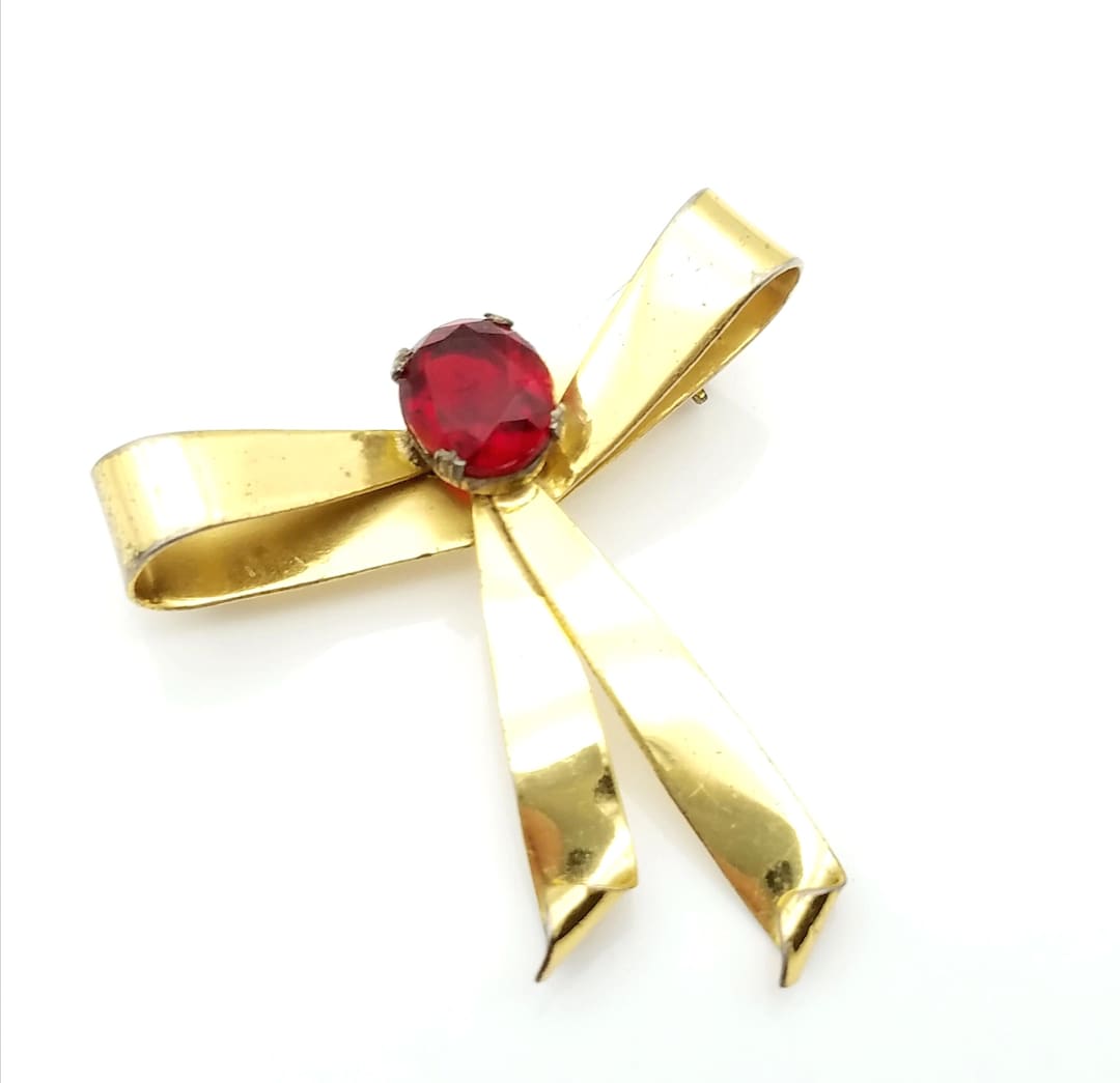 14k Gold Vermeil Sterling Silver Red Crystal Bow Brooch - Etsy