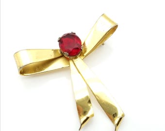 14k Gold Vermeil Sterling Silver Red Crystal Bow Brooch