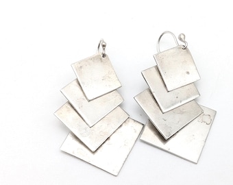 Vintage Taxco Graduated Squares Sterling Silver Dangle Earrings - 2"