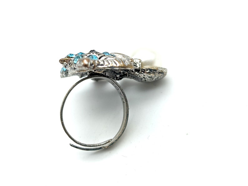Vintage Adjustable Blue Enamel Rhinestone /& Faux Pearl Elephant Ring