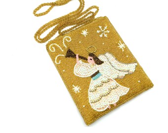 Rare Vintage Glass Beaded Heraldic Angel Gold Purse