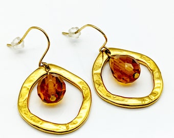 Vintage Gold Plated Hammered Circles & Citrine Crystal Dangle Earrings - 1.5"