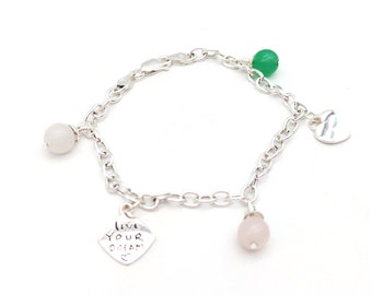 Vintage Sterling Silver "Live Your Dream" Charm & Quartz Bead Dangle Bracelet - 7.5"
