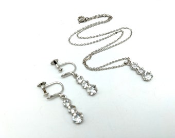 Vintage Sterling Silver & CZ Three Stone Pendant and Earrings Set