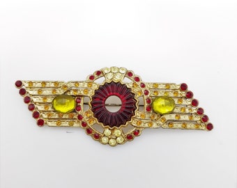 Rare Art Deco Red Glass & Gold Tone Brooch With Red, Green and Orange Rhinestones