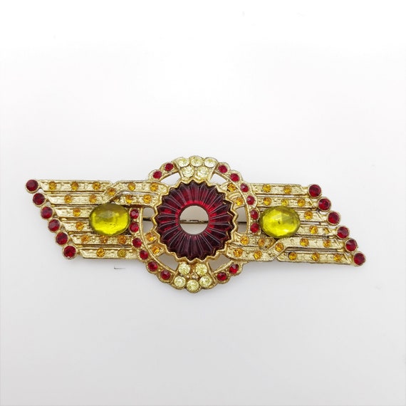 Rare Art Deco Red Glass & Gold Tone Brooch With R… - image 1