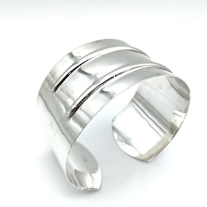 Wide Sterling Silver Ridged Flexible Cuff Bracelet