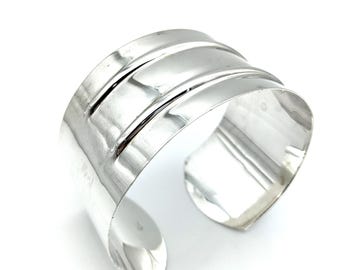 Wide Sterling Silver Ridged Flexible Cuff Bracelet