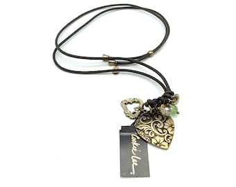 Antiqued Gold Heart & Leather Necklace Signed Cookie Lee - 30" Adjustable
