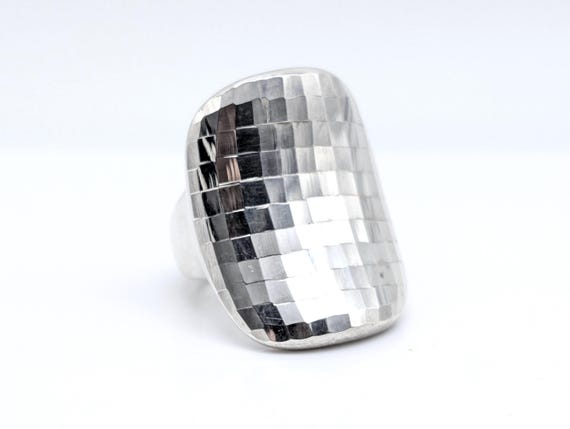 Sterling Silver Concave Statement Ring, Faceted D… - image 1