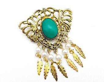 Vintage Faux Jade & Pearl Feather Dangle Filigree Brooch - 2.25"