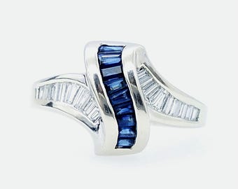 14K Weißgold Saphir Diamant Ring, Nachlass Schmuck, Cocktail Ring, natürliche Edelsteine