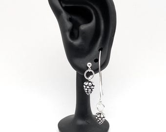 Oxidized Sterling Silver Pinecone Dangle Earrings; Christmas Earrings, Holiday Earrings