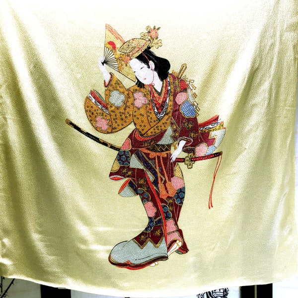 Vintage Japanese Woman in Kimono 1960s Rayon Scarf or Wall Hanging - 27"