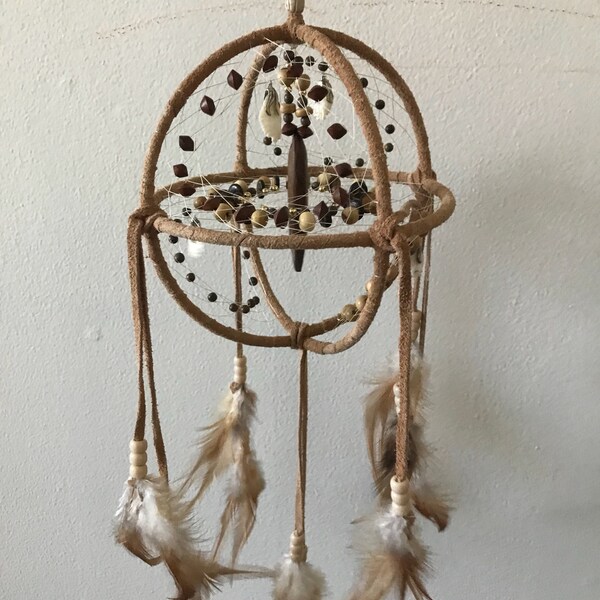 Three Dimensional Dream Catcher, Beads and Feathers, Leather Wrapped, Bohemian Decor, Boho Baby, Housewarming