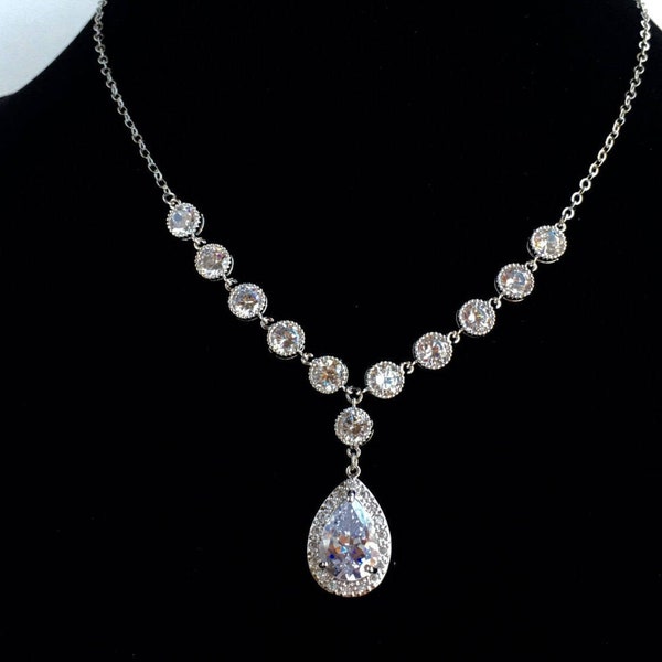 Bridal Cubic Zirconia Back Drop Necklace Wedding Crystal Teardrop Necklace Cubic Zirconia Rhodium Wedding Jewelry