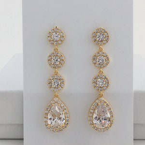 Gold Cubic Zirconia Long Earrings Long Gold Crystal Earrings Teardrop Halo Long Gold Earrings Bridesmaid Gold Earrings Gold Bridal Earrings