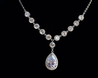 Bridal Cubic Zirconia Back Drop Necklace Wedding Crystal Teardrop Necklace Cubic Zirconia Rhodium Wedding Jewelry