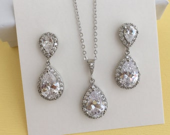 Set da sposa in cristallo placcato rodio set di zirconi cubici da sposa a goccia a goccia set di gioielli da sposa placcato argento set di gioielli in cristallo