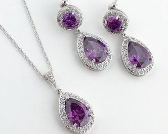 Amethyst Bridal Jewelry Set Purple Crystal Wedding Set Halo Teardrop Rhodium Set Amethyst Bridal Jewelry Set Purple Amethyst Bridesmaid Set