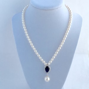 Sapphire Necklace Blue Cubic Zirconia Bridal Backdrop Necklace Blue Wedding Crystal Teardrop Necklace Crystal Wedding Jewelry Pearl Necklace