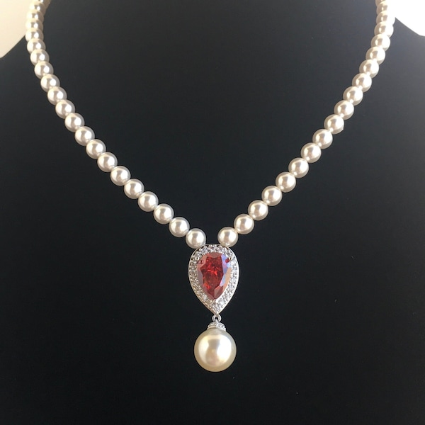 Rode parel ketting rode Ruby Cubic Zirconia bruids achtergrond ketting rode kristal bruiloft Teardrop ketting rode parel bruidsmeisje sieraden geschenken