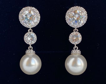 Pearl Bridal Earrings Crystal Bridal Earrings Wedding Cubic Zirconia Jewelry Austrian Pearl Earrings Bridesmaids Crystal Jewelry Large Pearl
