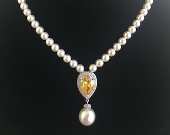 Yellow Topaz Pearl Necklace Yellow Cubic Zirconia Bridal Backdrop Topaz Wedding Teardrop Crystal Yellow Bridesmaid Jewelry Gifts Champagne