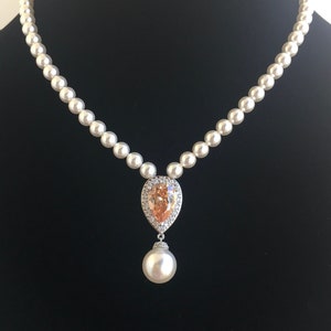 Peach Pearl Necklace Peach Cubic Zirconia Bridal Backdrop Necklace Peach Wedding Teardrop Necklace Peach Bridesmaid Jewelry Gifts Champagne