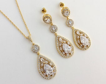 Gouden kristallen bruidssieraden set lange gouden druppelvormige sieraden set gouden bruiloft sieraden set gouden bruidssieraden set gouden bruidsmeisje sieraden set