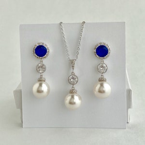 Sapphire Pearl Bridal Set Blue Wedding Crystal Set Sapphire Cubic Zirconia Pearl Set Blue Bridesmaids Jewelry Blue Pearl crystal Jewelry Set