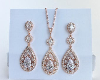 Rose Gold Crystal Set Long Rose Gold Teardrop Jewelry Set Rose Gold Wedding Set Rose Gold Bridal Jewelry Set Rose Gold Bridesmaid Jewelry