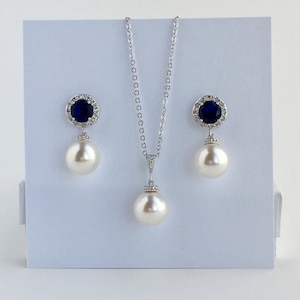 Sapphire Pearl Bridal Halo Set Blue Wedding Crystal Bridal Set Sapphire Cubic Zirconia Pearl Set Blue Bridesmaids Jewelry Set Blue Pearl Set
