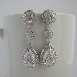 Classic Wedding Crystal Drop Earrings Bridal Cubic Zirconia Silver Earrings Wedding Teardrop Rhodium Drop Earrings