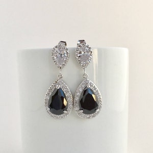 Black Cubic Zirconia Bridal Earrings: Rhodium Teardrop Dangle