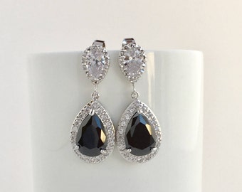 Black Cubic Zirconia Bridal Earrings: Rhodium Teardrop Dangle