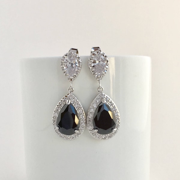 Pendientes de novia con circonitas negras: lágrima de rodio