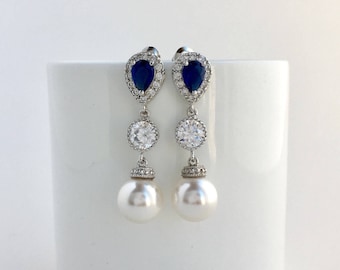 Blue Bridal Earrings Sapphire Wedding Cubic Zirconia Earrings  Austrian Pearl Jewelry Blue Crystal Earrings Blue Bridesmaid Crystal Jewelry