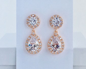 Rose Gold Crystal Earrings Rose gold Bridal Cubic Zirconia Jewelry Wedding Teardrop Rose Gold Earrings Rose Gold Halo Earrings