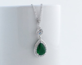 Green Emerald Cubic Zirconia Bridal Necklace Green Wedding Crystal Pendant Green Crystal Rhodium Wedding Jewelry Green Christmas Jewelry